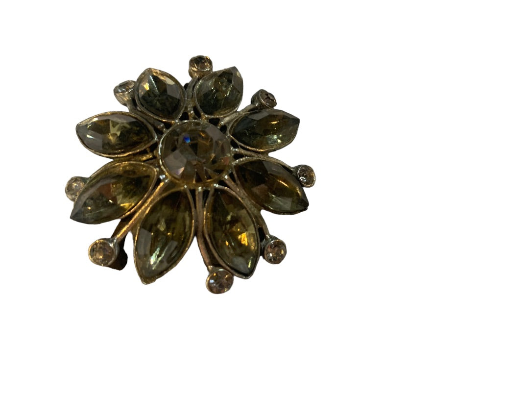 Vintage Gray Faceted Glass and Silvertone Floral Brooch 2" Diameter Pin