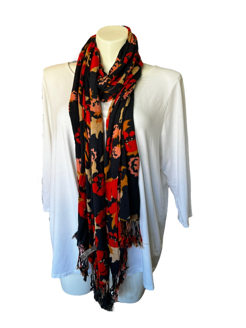 Spartina Navy Pink Orange Floral Scarf Long Fringed 25" x 80"