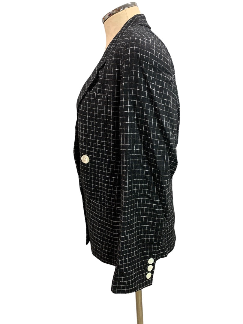 Size 10P Liz Claiborne Petites Black White Woven Check Blazer 1990s Vintage