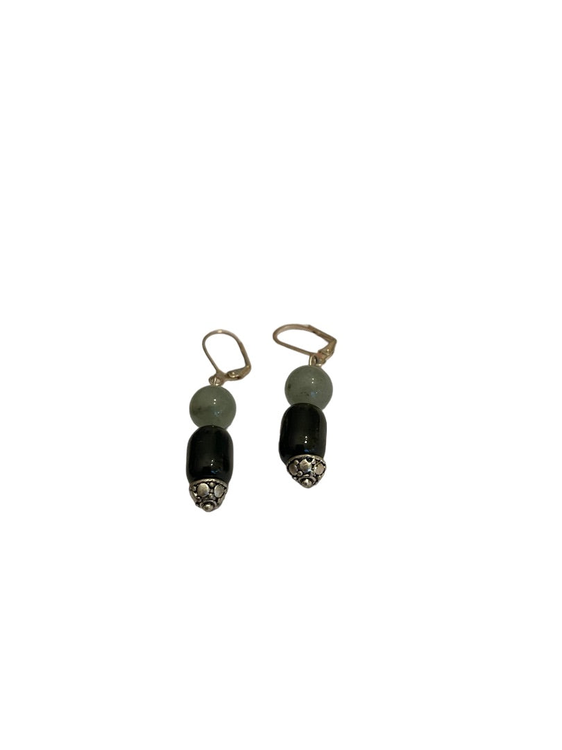 Silvertone and Glass Bead Black Green Pierced Leverback Earrings 2" Drop Dangle