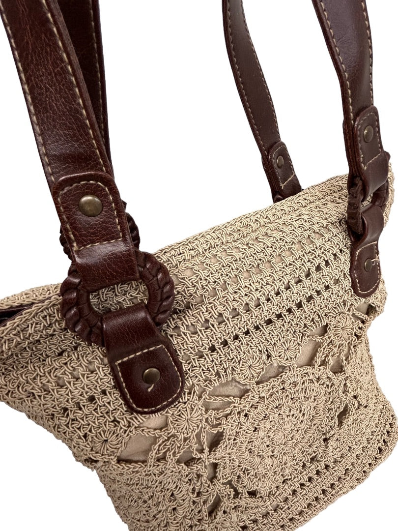 Tan Brown Crochet Boho Style Shoulder Bag Lined Zip Top Handbag Purse