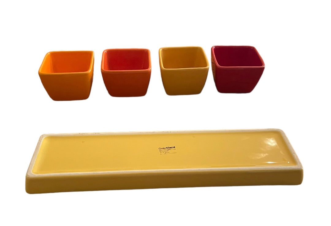 Crate & Barrel 5 Piece Condiment Tray Serving Set Yellow Red Orange