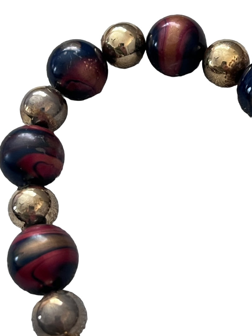 Enamel Marbled Beaded Necklace Gold Tone Navy Blue Garnet 27"