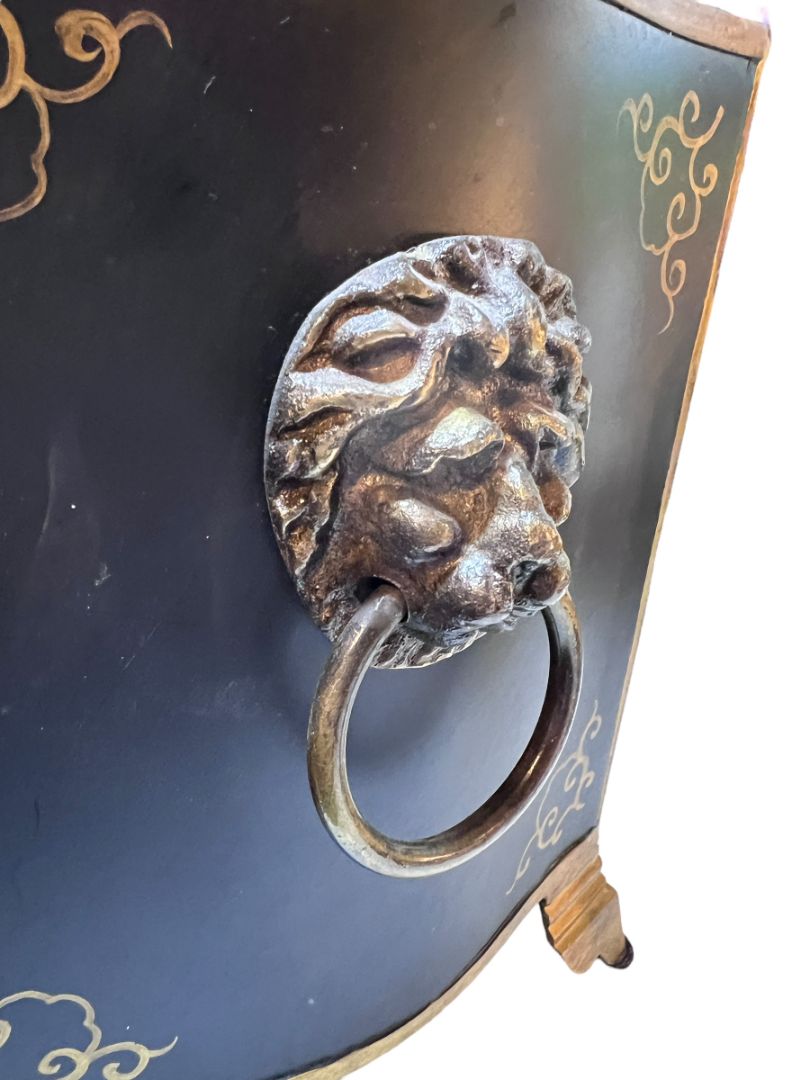 Hand Painted Metal Tole Lion Head Handle Planter Footed By Lotus Arts