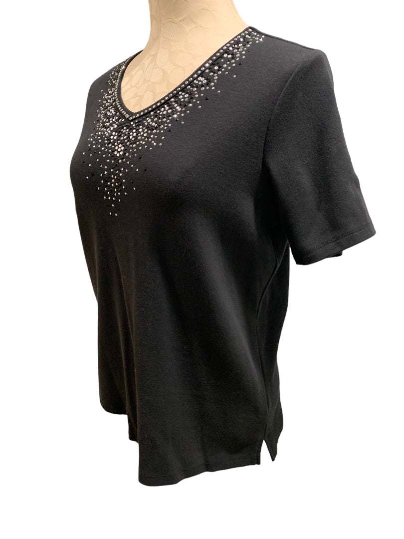 XS Quacker Factory Women's V-Neck Embellished Tshirt Short Sleeve Black