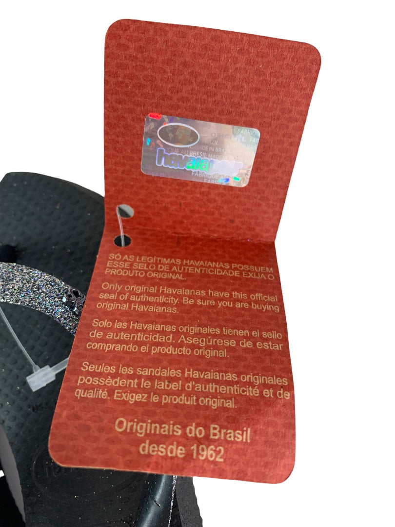 10C Havaianas Girls New Flip Flop Sandals Black Dark Metallic Glitter