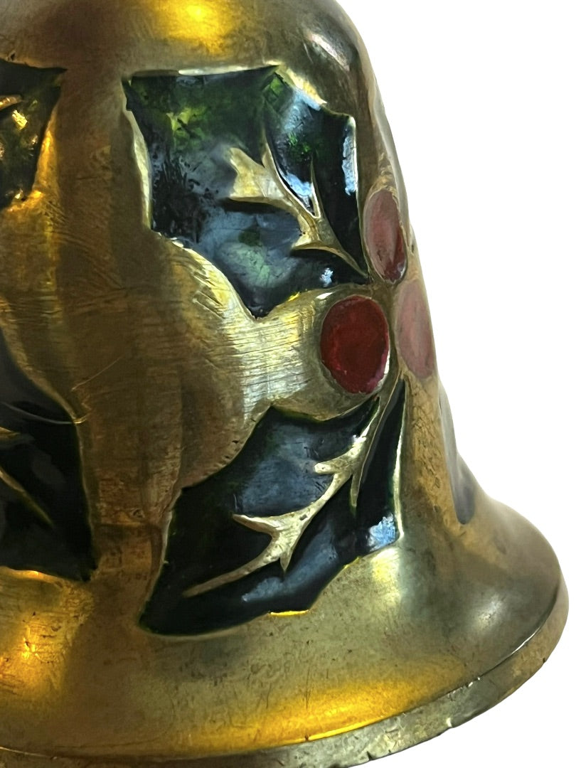 Vintage Brass Hand Bell Enameled Holly Christmas Decor