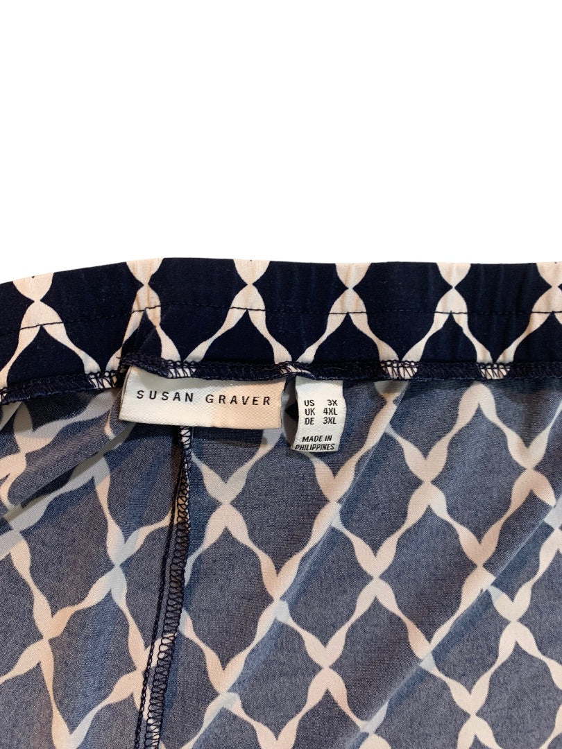 3X Susan Graver Pull On Navy Blue White Pattern Crop Pants Pockets Women's