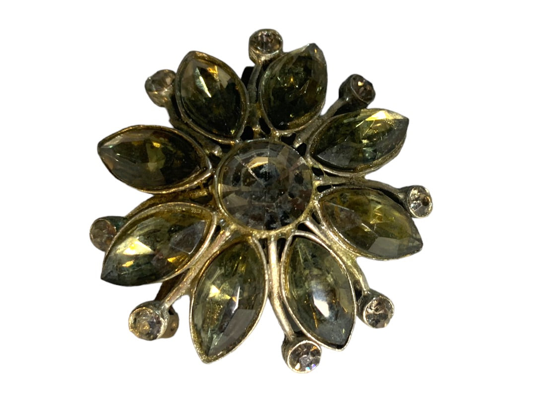Vintage Gray Faceted Glass and Silvertone Floral Brooch 2" Diameter Pin