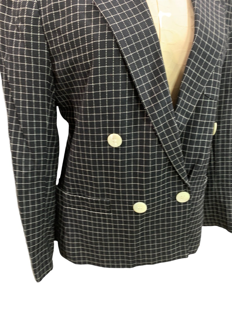 Size 10P Liz Claiborne Petites Black White Woven Check Blazer 1990s Vintage