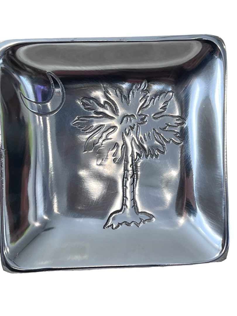 India Handicrafts Palm Tree Moon Silver Tone 9 Metal Tray Trinket Dish Napkin Holder Carolina 6" x 6"
