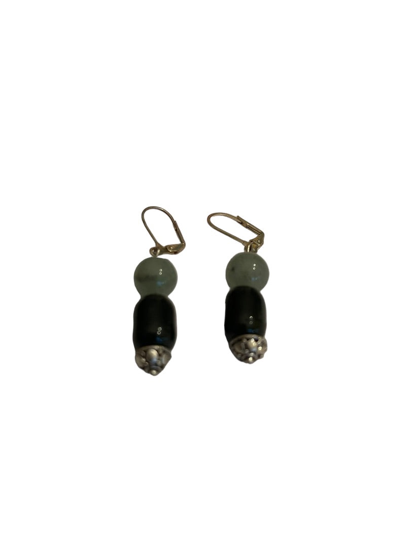 Silvertone and Glass Bead Black Green Pierced Leverback Earrings 2" Drop Dangle