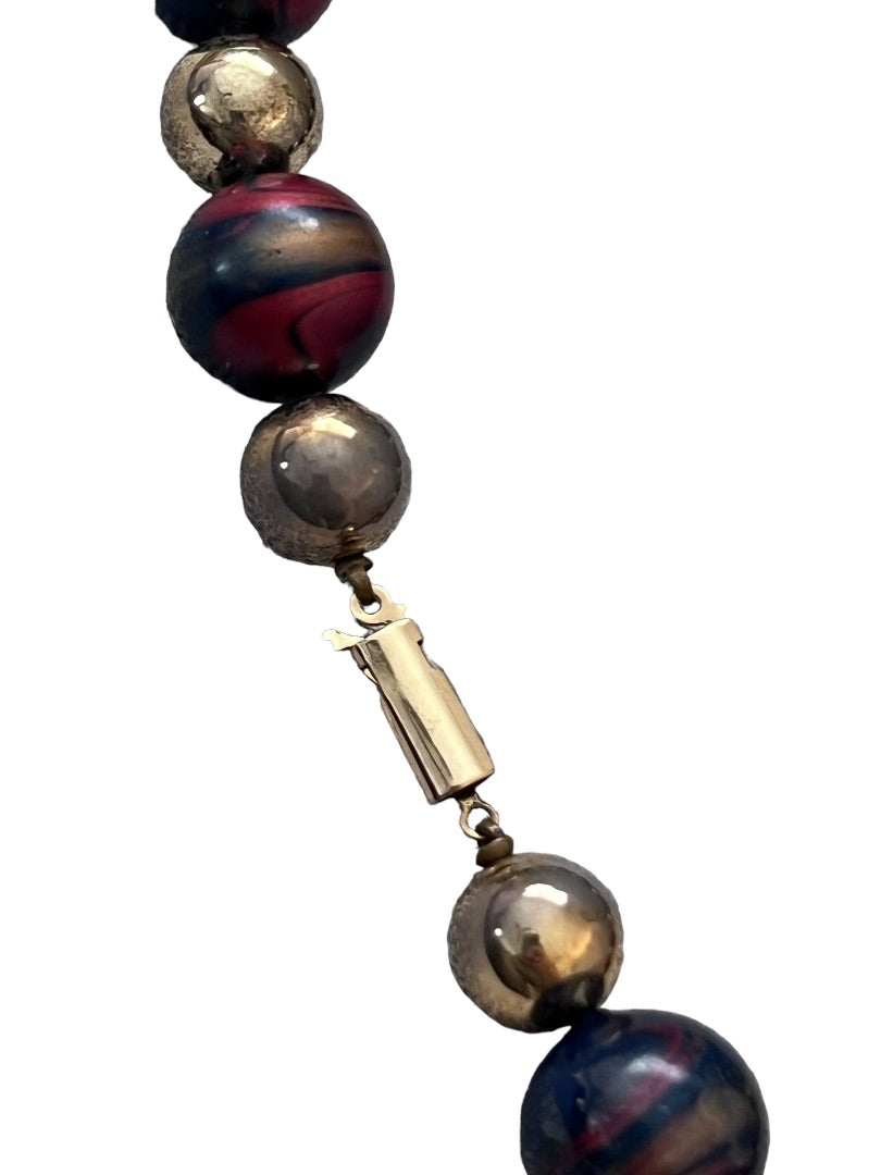 Enamel Marbled Beaded Necklace Gold Tone Navy Blue Garnet 27"