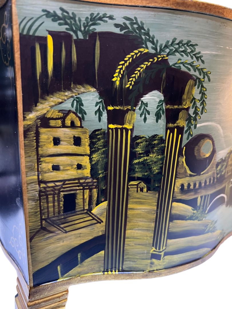 Hand Painted Metal Tole Lion Head Handle Planter Footed By Lotus Arts