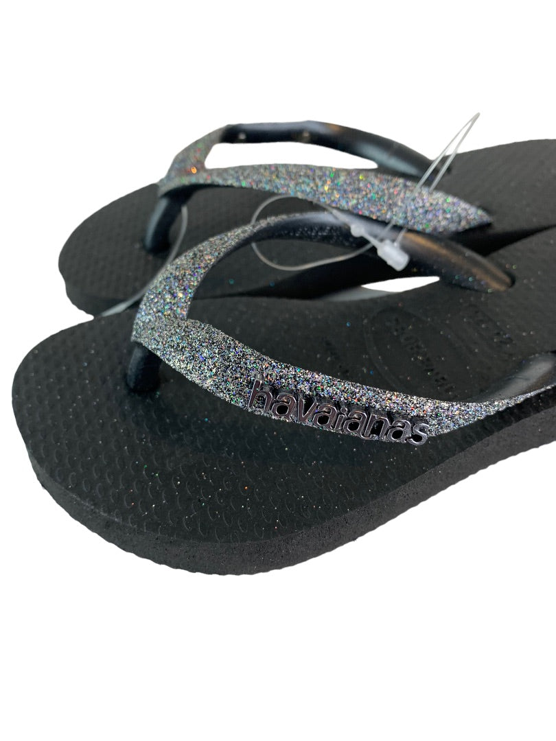 10C Havaianas Girls New Flip Flop Sandals Black Dark Metallic Glitter