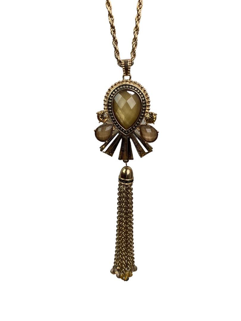 Goldtone Pendant 35" Necklace Amber Brown Tassel Pendant