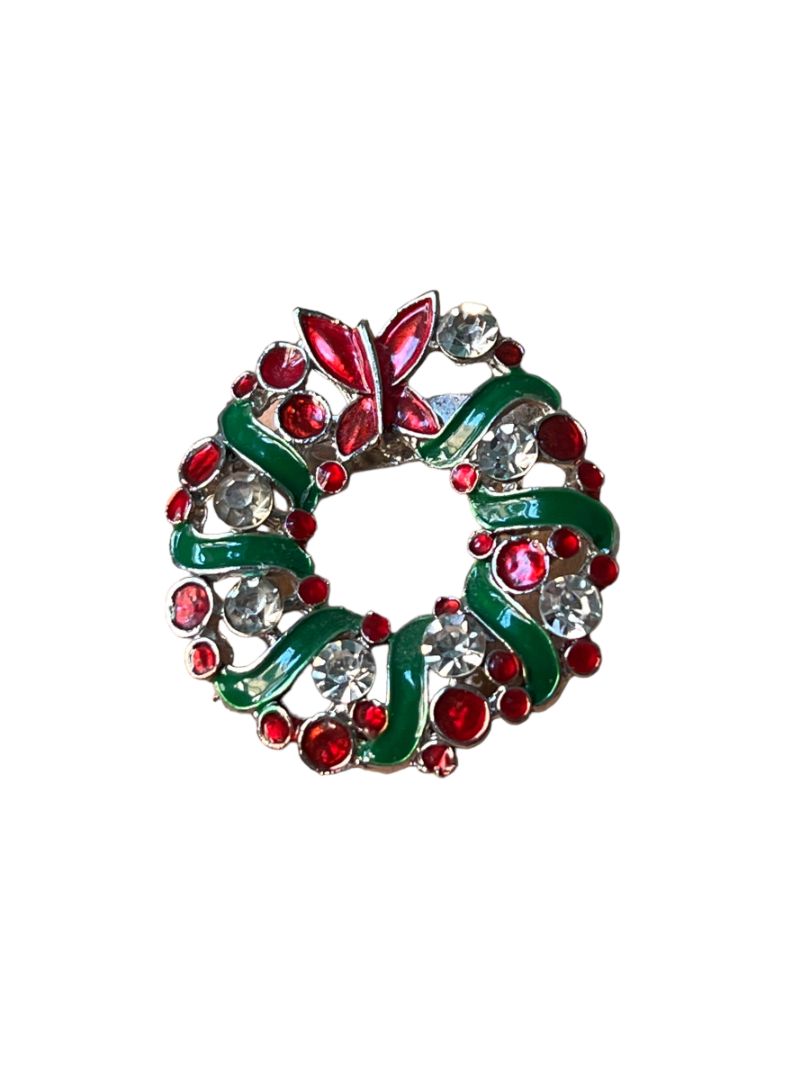 Enamel Rhinestone Wreath Brooch Christmas Holiday Silvertone