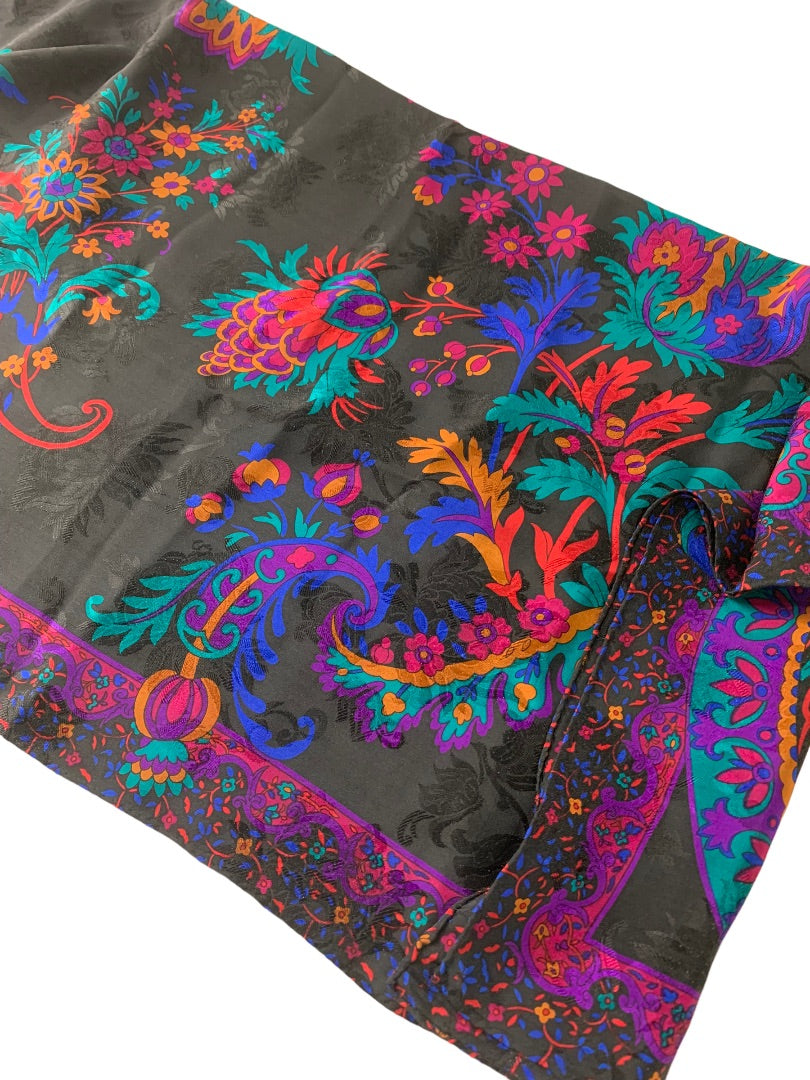 Jewel Tone on Black Silky Scarf 30 Inches Square