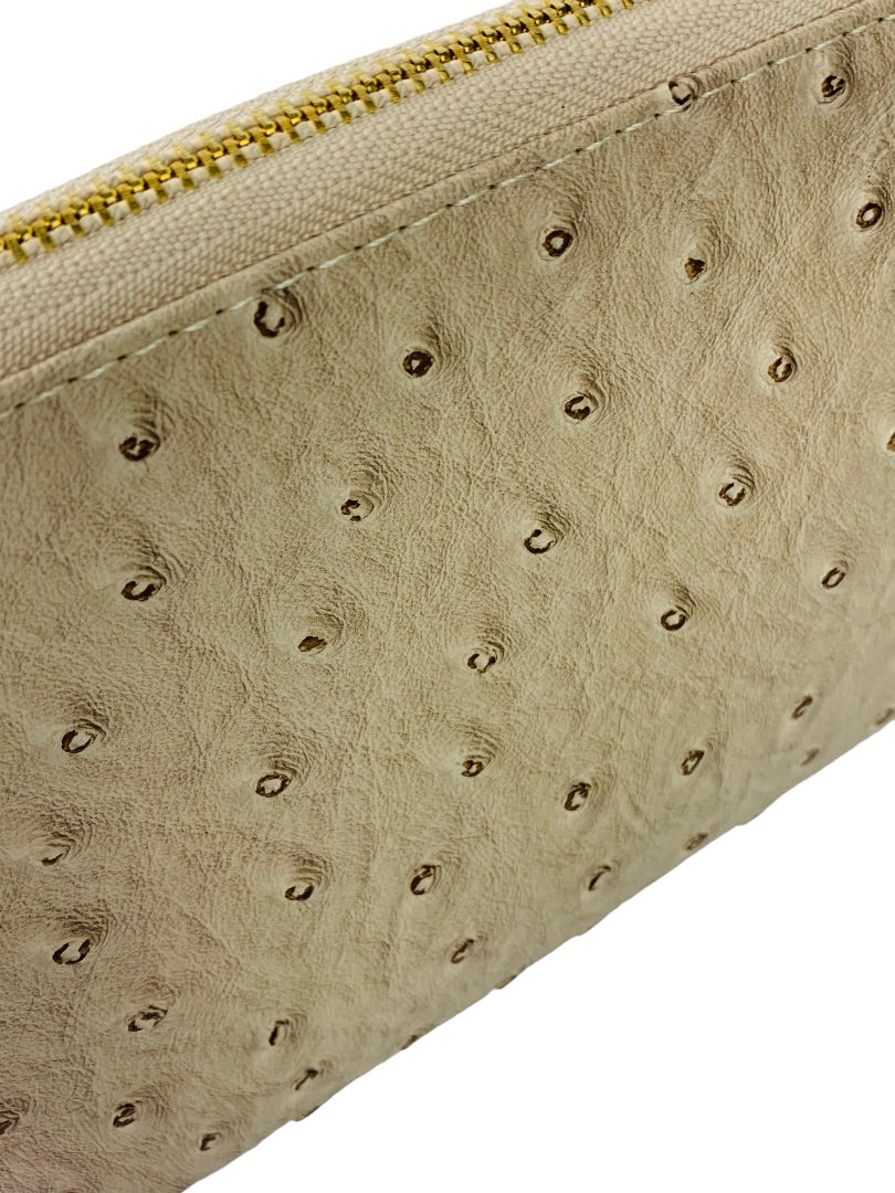 Tan Large Wristlet with Shoulder Strap Compartments Faux Ostrich Card Wallet Slots