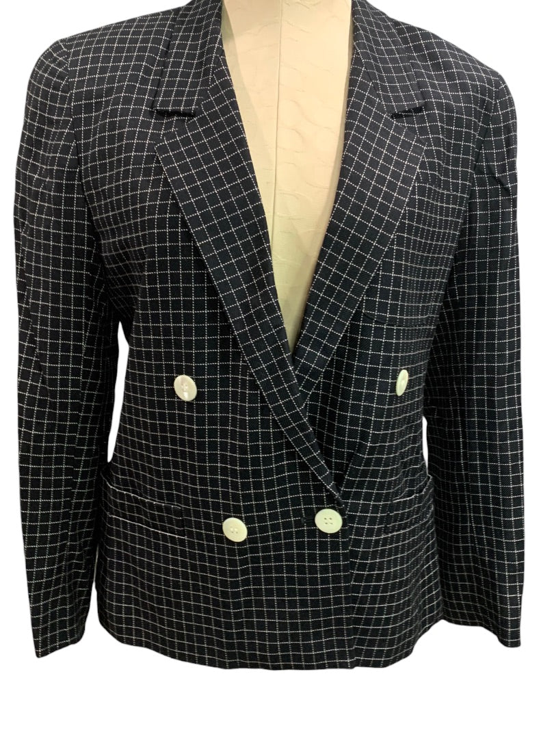 Size 10P Liz Claiborne Petites Black White Woven Check Blazer 1990s Vintage