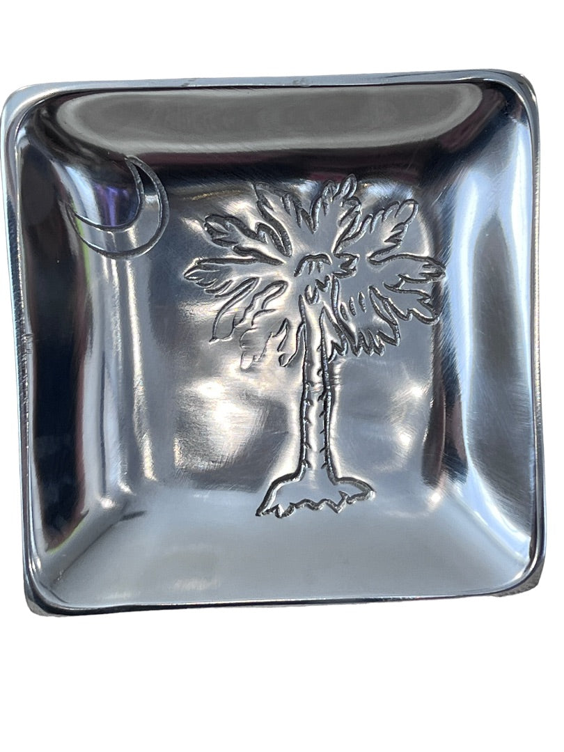 India Handicrafts Palm Tree Moon Silver Tone 9 Metal Tray Trinket Dish Napkin Holder Carolina 6" x 6"
