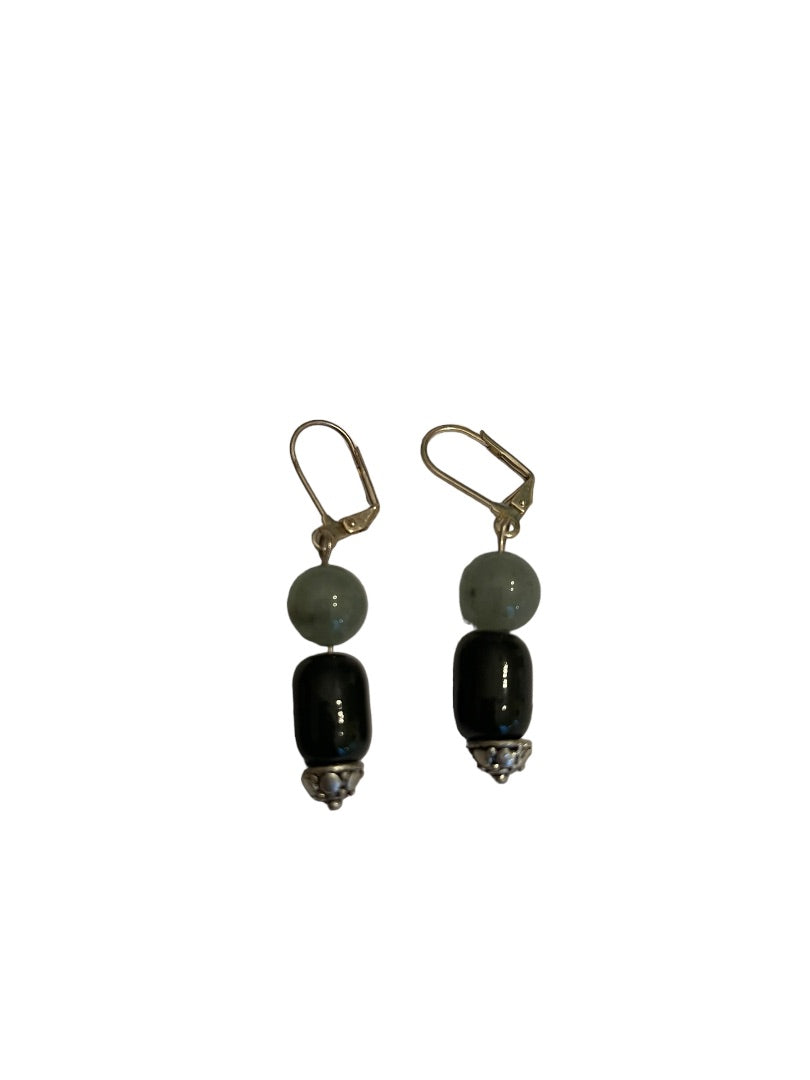 Silvertone and Glass Bead Black Green Pierced Leverback Earrings 2" Drop Dangle