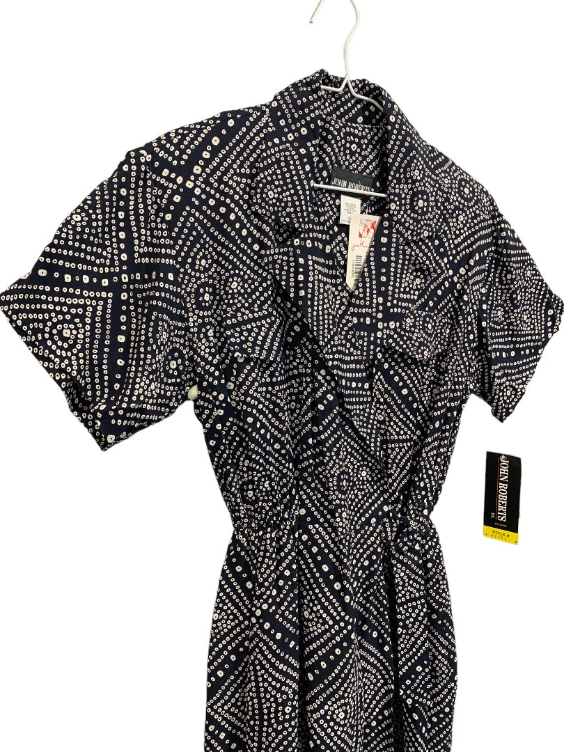 Size 6 John Roberts New Navy Blue Dot Wrap Dress 1980s Vintage