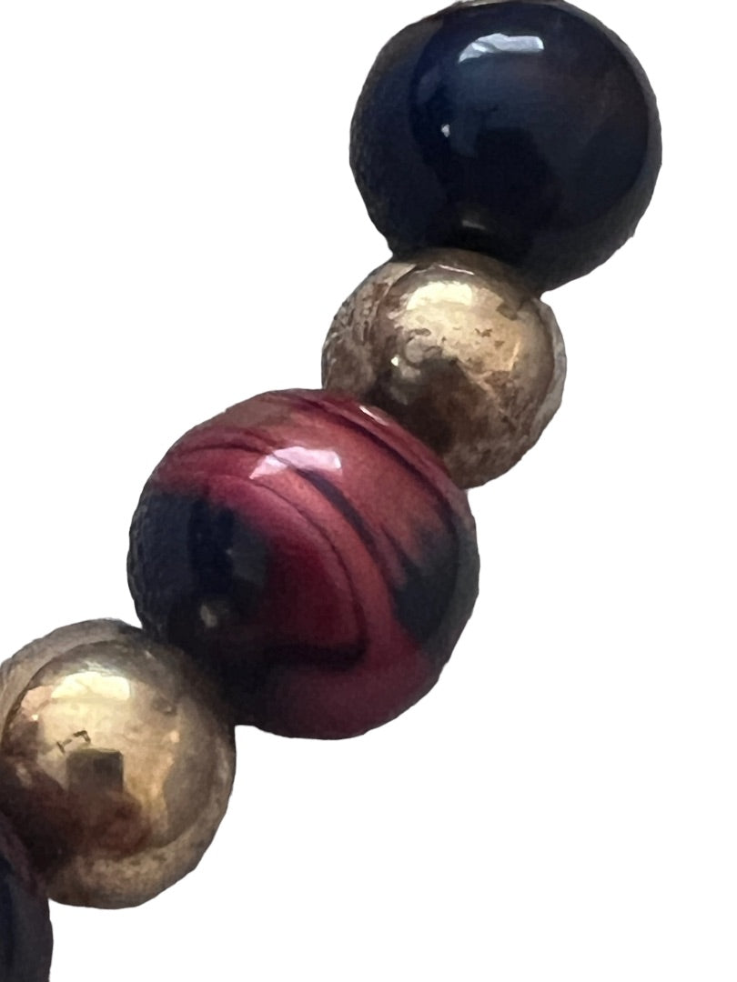 Enamel Marbled Beaded Necklace Gold Tone Navy Blue Garnet 27"