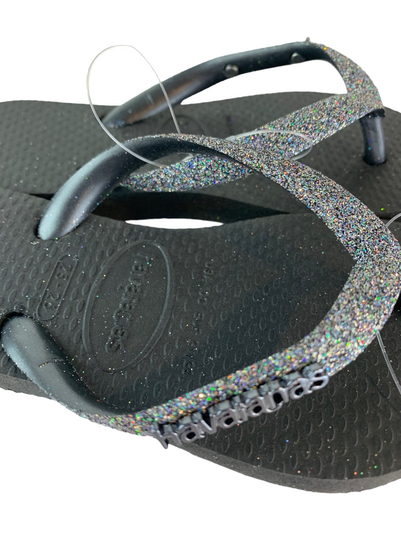 10C Havaianas Girls New Flip Flop Sandals Black Dark Metallic Glitter