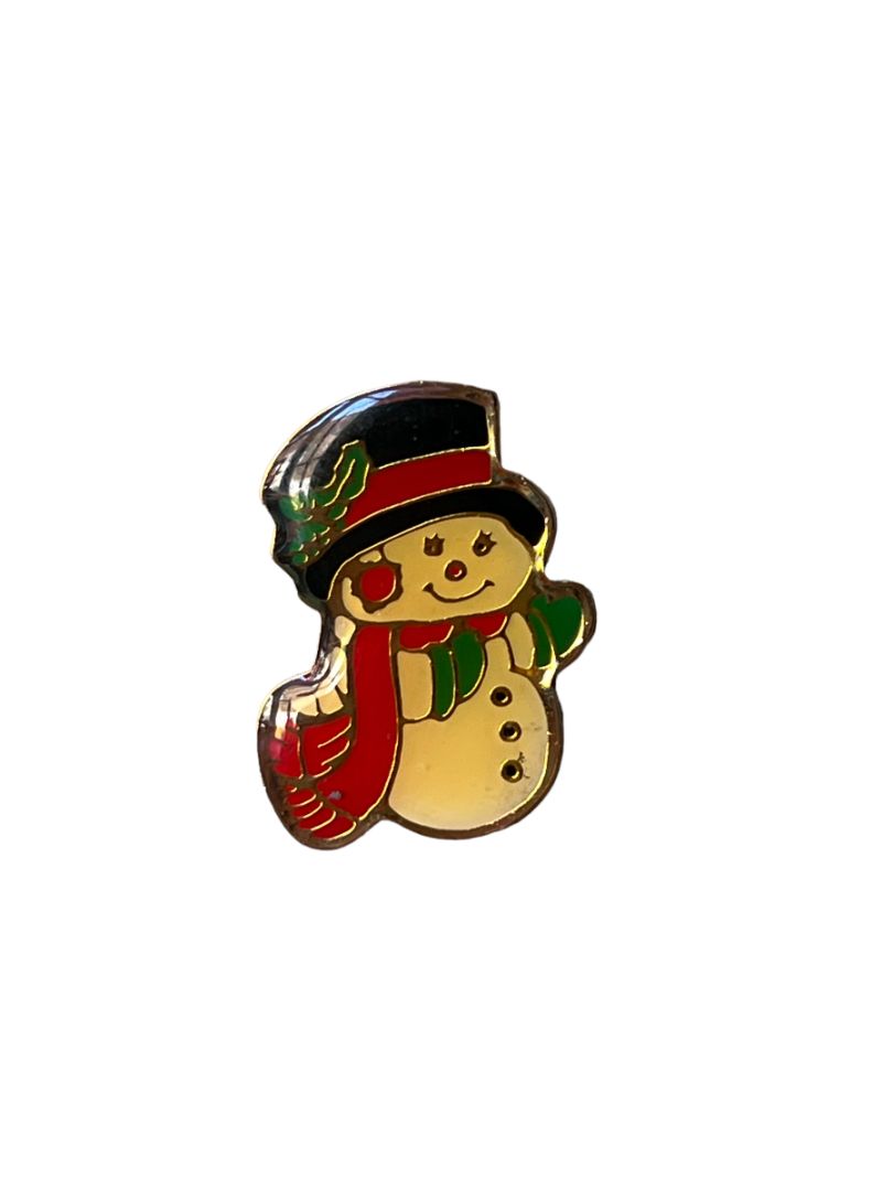 Vintage Snowman Post Lapel Pin Goldtone Metal Resin Coated