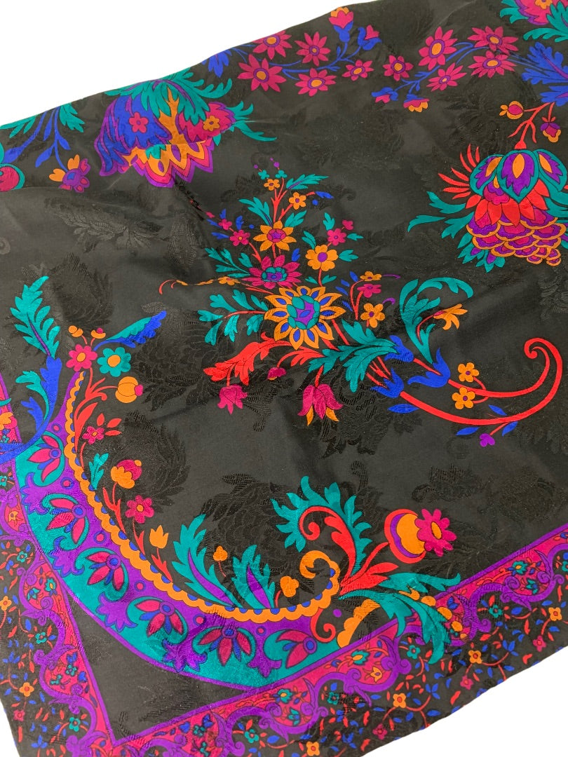 Jewel Tone on Black Silky Scarf 30 Inches Square