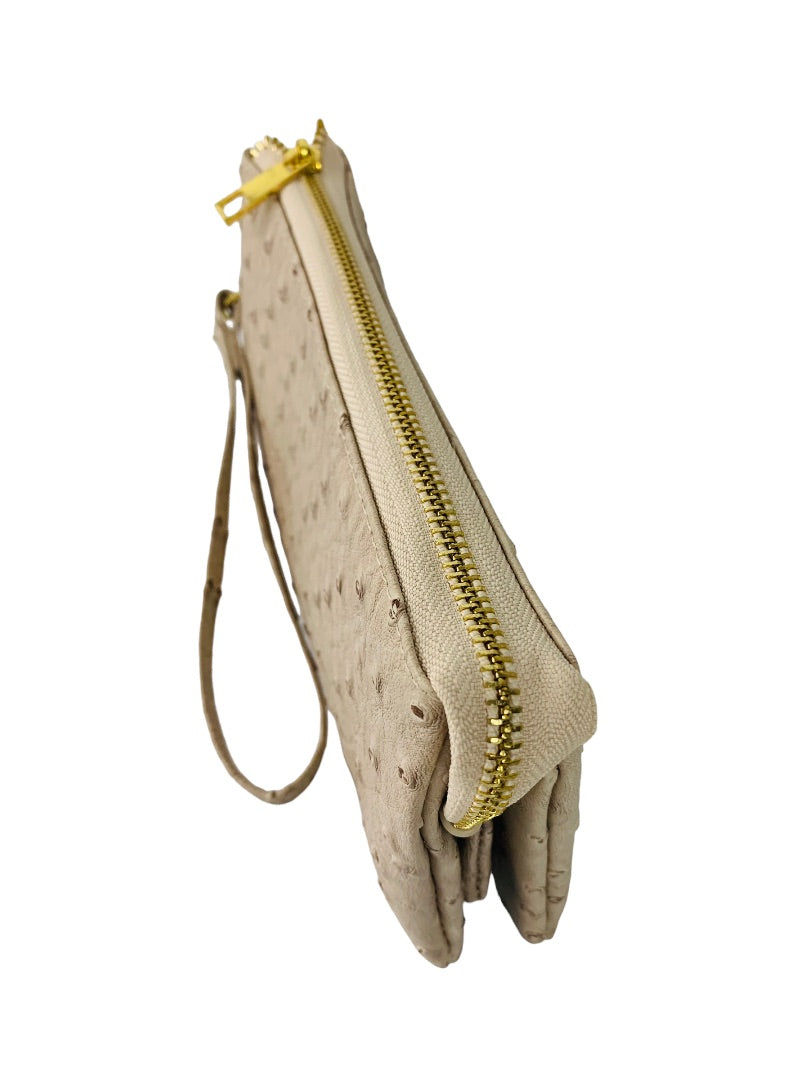 Tan Large Wristlet with Shoulder Strap Compartments Faux Ostrich Card Wallet Slots