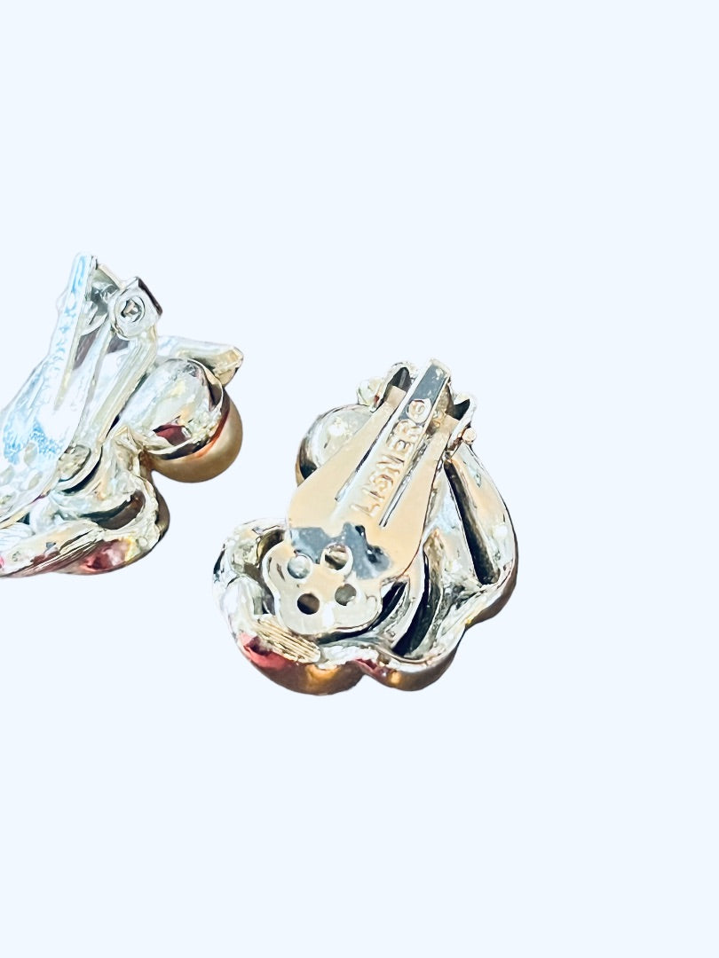 Lisner Silver Tone Swirl Leaf Faux Pearl Clip On Earrings