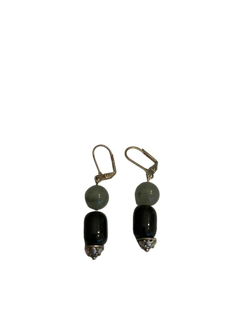 Silvertone and Glass Bead Black Green Pierced Leverback Earrings 2" Drop Dangle