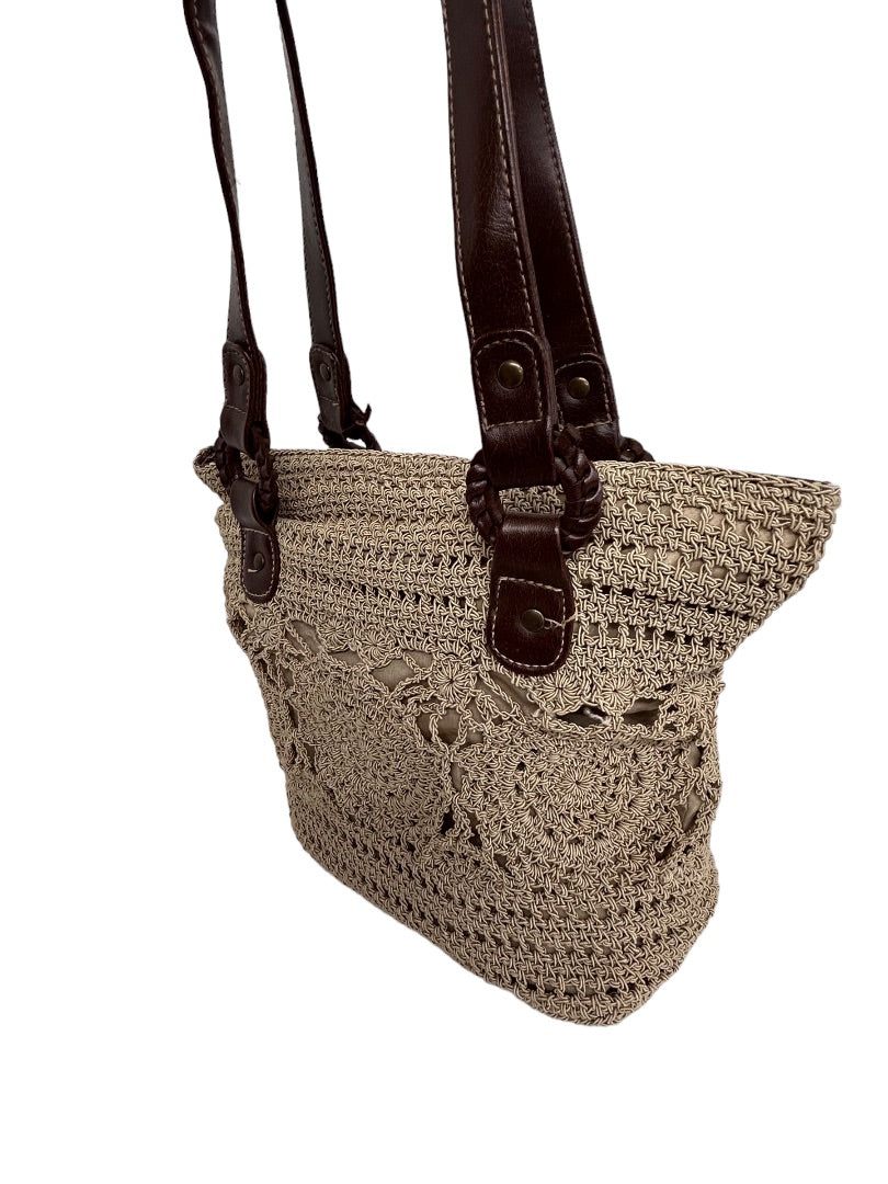 Tan Brown Crochet Boho Style Shoulder Bag Lined Zip Top Handbag Purse