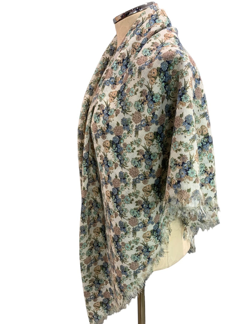 Women's Sheer Raw Edge Shawl 48" Square Wrap Muted Floral Print Retro