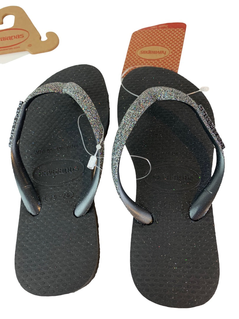 10C Havaianas Girls New Flip Flop Sandals Black Dark Metallic Glitter