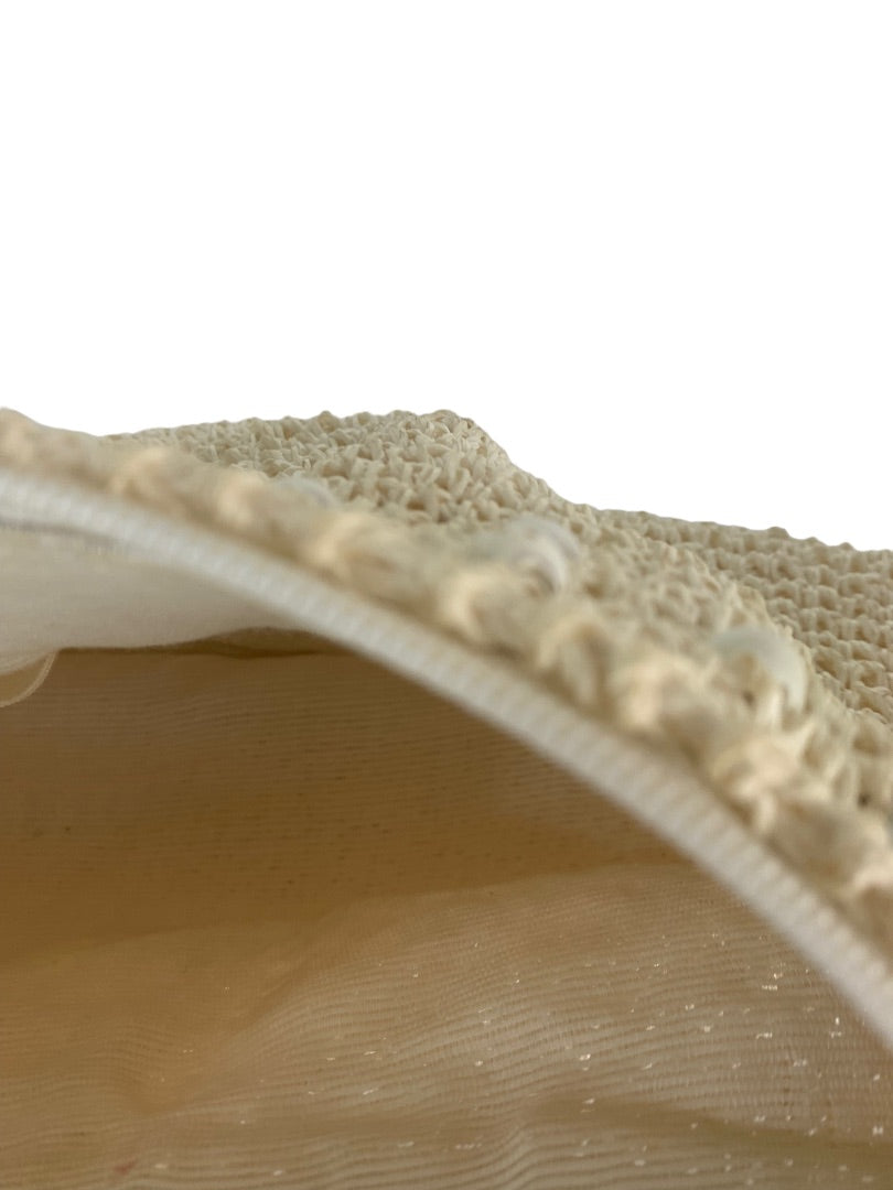 Vintage Crochet Straw and Beaded Off White Zip Top Clutch Bag Made in Japan