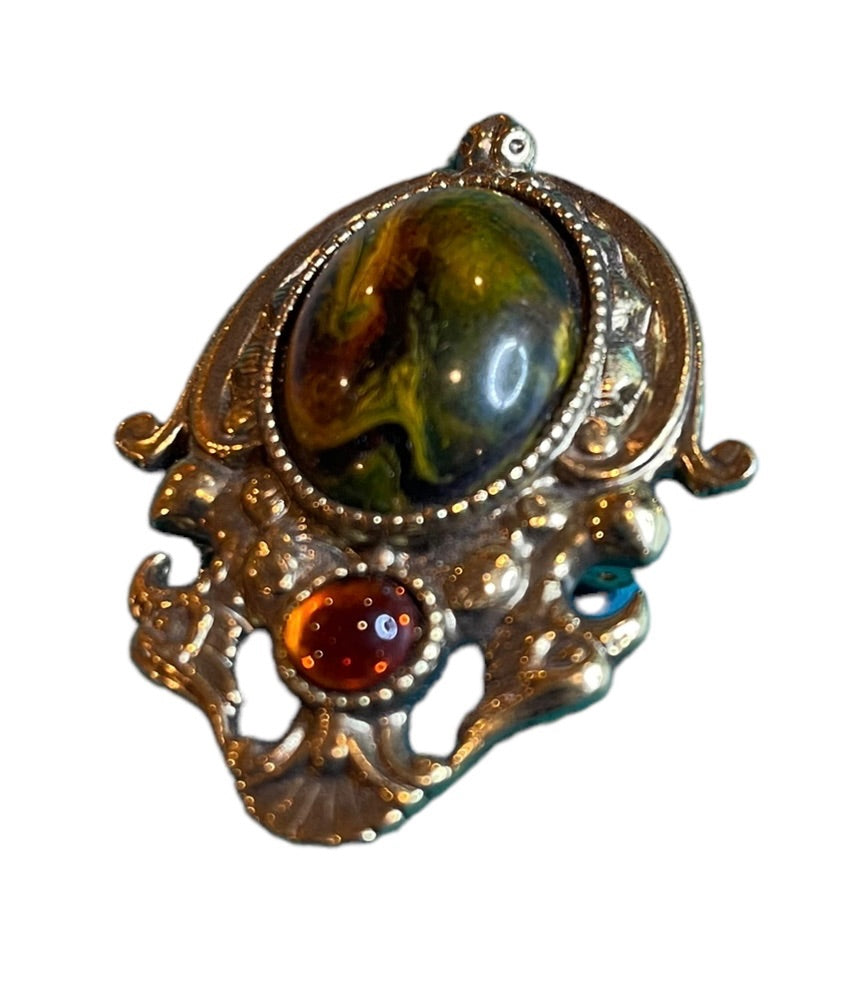 Vintage Baroque Ornate Brooch Pin Goldtone Oval and Round Cabachon Faux Stones 2"