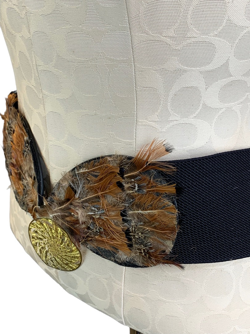 Vintage 3" Wide Women's Elastic Belt Feather Embellished Goldtone Medallion 33-40"