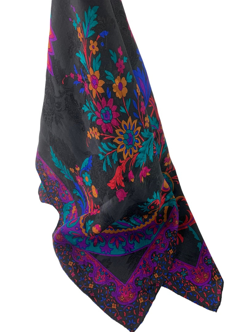 Jewel Tone on Black Silky Scarf 30 Inches Square