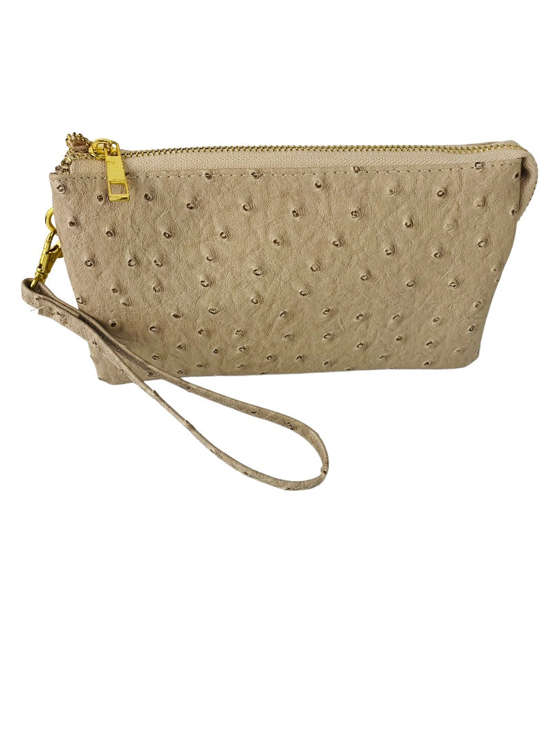Tan Large Wristlet with Shoulder Strap Compartments Faux Ostrich Card Wallet Slots