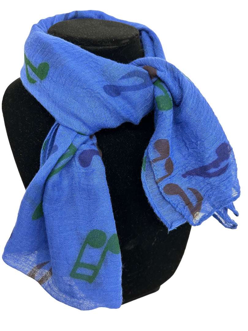 Lightweight Gauzy Scarf Blue Music Notes Print 14" x 68"