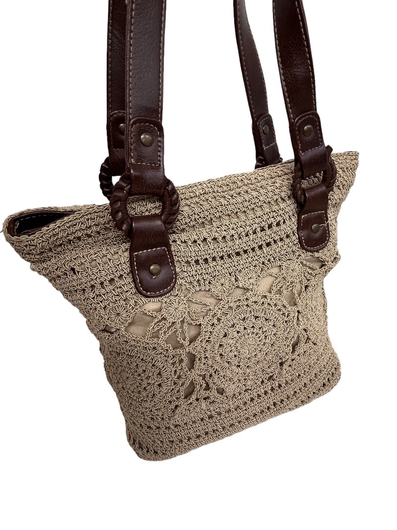 Tan Brown Crochet Boho Style Shoulder Bag Lined Zip Top Handbag Purse