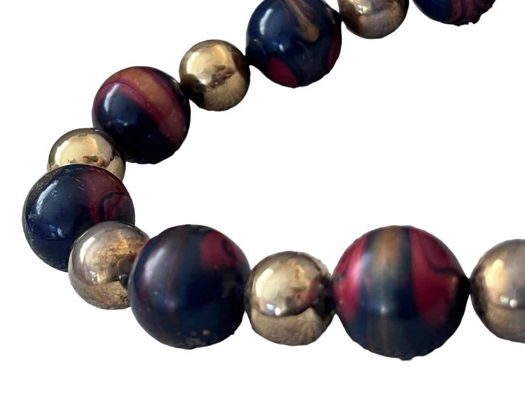 Enamel Marbled Beaded Necklace Gold Tone Navy Blue Garnet 27"