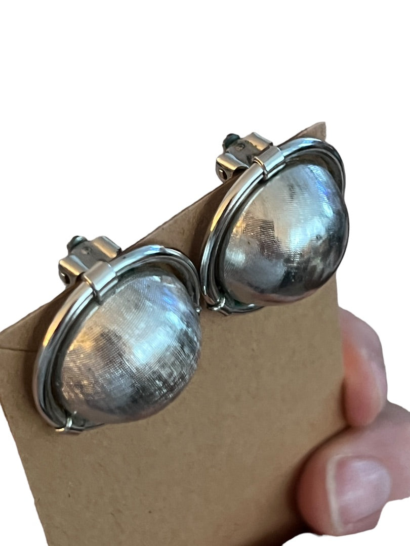 Coro Silver Tone Round Dome Textured Clip On Earrings 1 1/8" Diameter