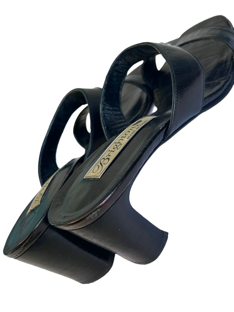 7 M Brighton Trista Shoes Slip-on Block Heels Sandals Black Leather Open Toe