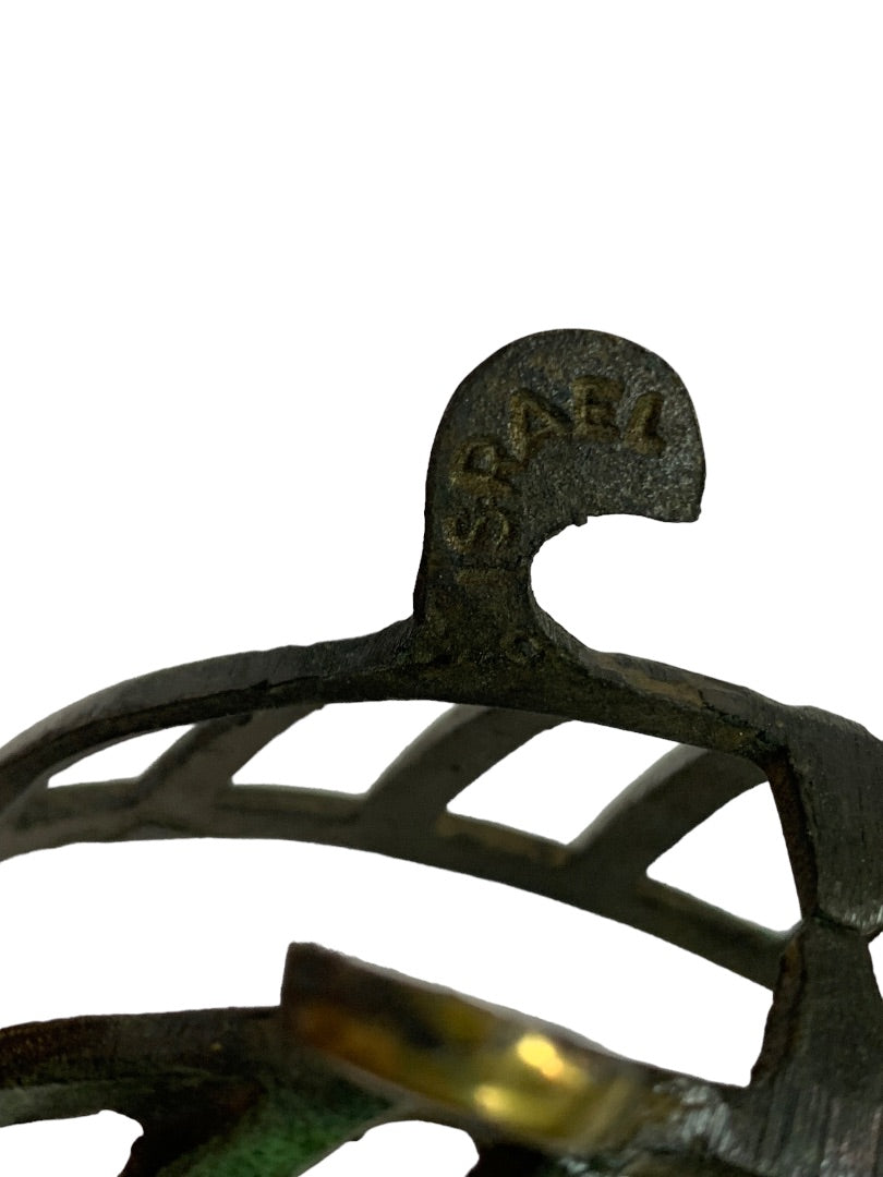 Small Metal Basket Made in Israel 4.5"l x 2.5"h Green Paint Brass