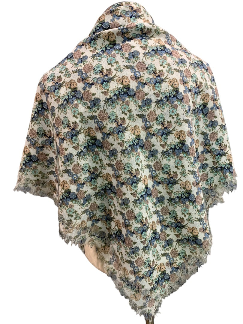Women's Sheer Raw Edge Shawl 48" Square Wrap Muted Floral Print Retro