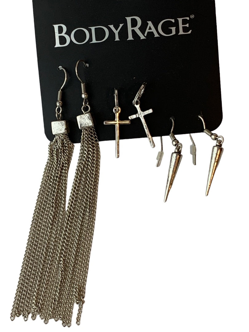 Spencers BodyRage 3 Pack Silvertone Earrings Tassel Cross Spike Pierced New